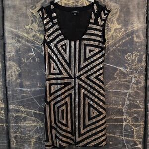 NWOT Express Dress Black Gold Metallic Sequin Shear Back Bodycon Size Medium